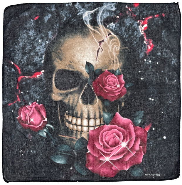 Large Smoking Cracked Skull & Roses Bandana