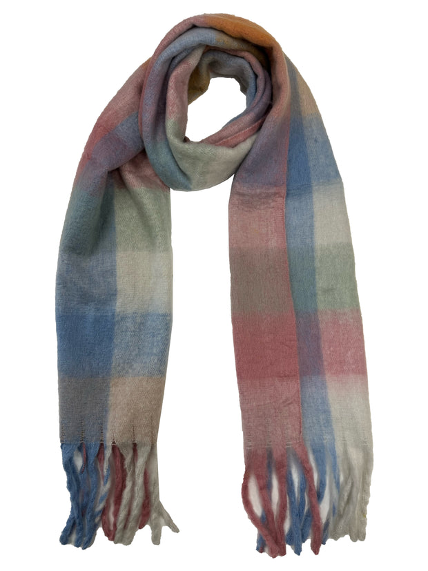 Fluffy Multicoloured Checkered Winter Scarf with Tassels