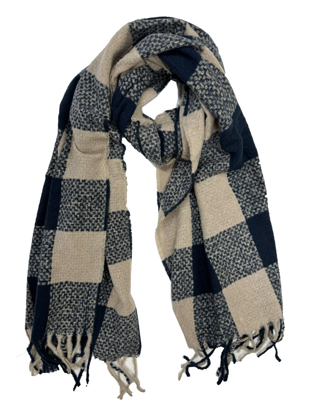 Fluffy Multicoloured Checkered Winter Scarf with Tassels