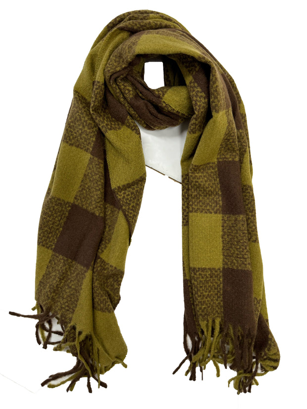 Fluffy Multicoloured Checkered Winter Scarf with Tassels