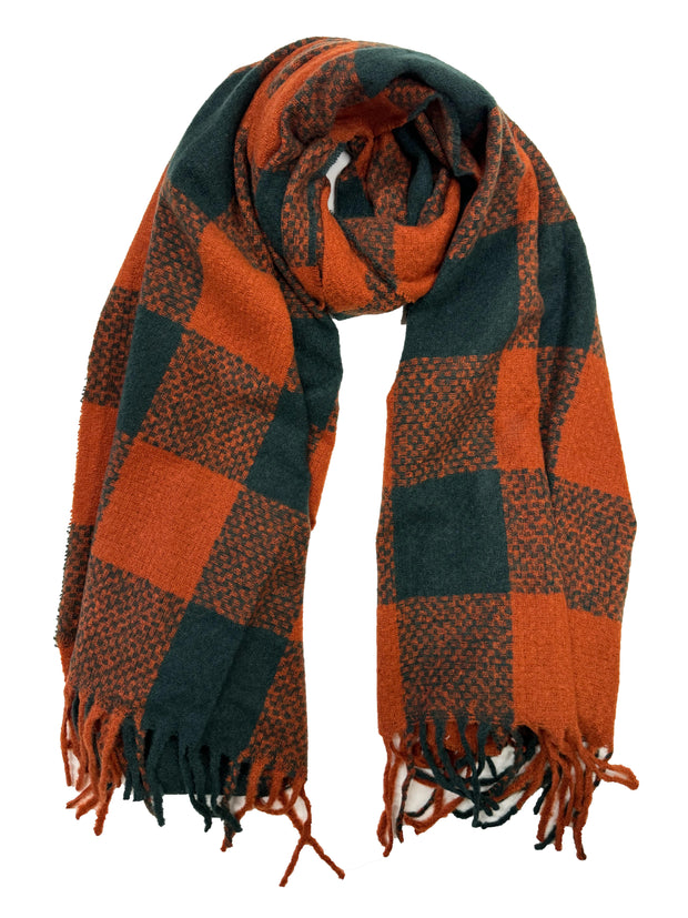 Fluffy Multicoloured Checkered Winter Scarf with Tassels