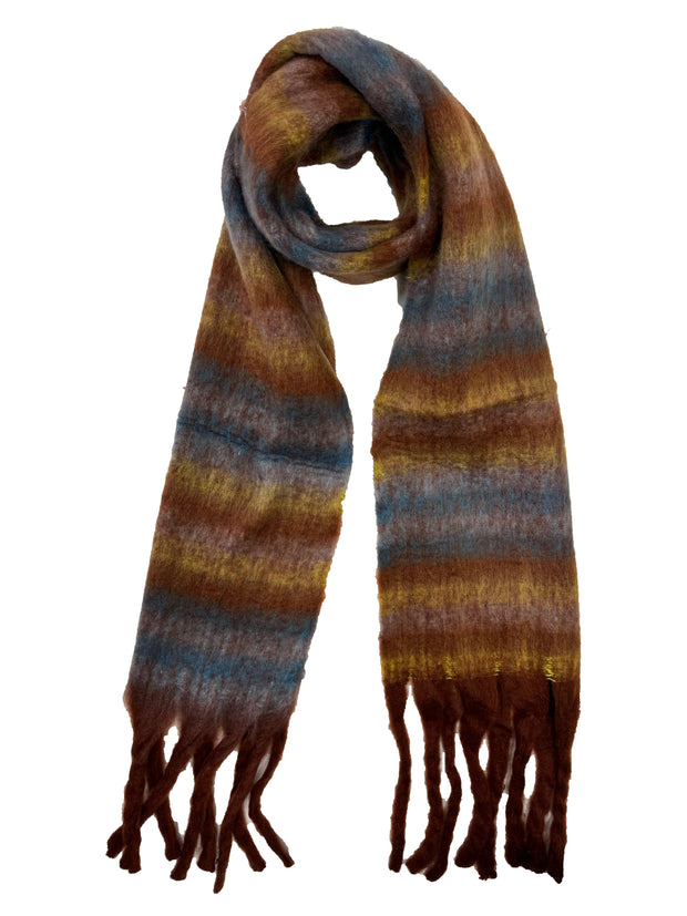 Fluffy Multicoloured Striped Winter Scarf with Tassels