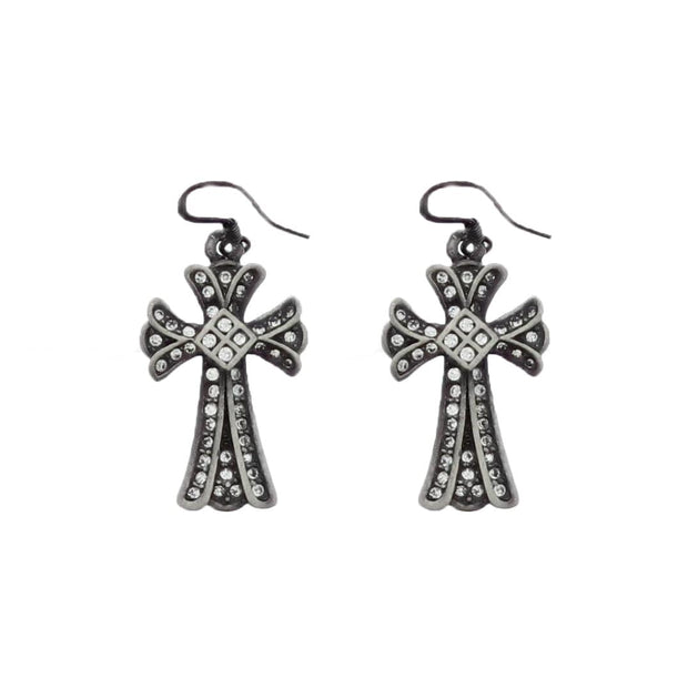 Clear Stone Gun Metal Clover Cross Earrings