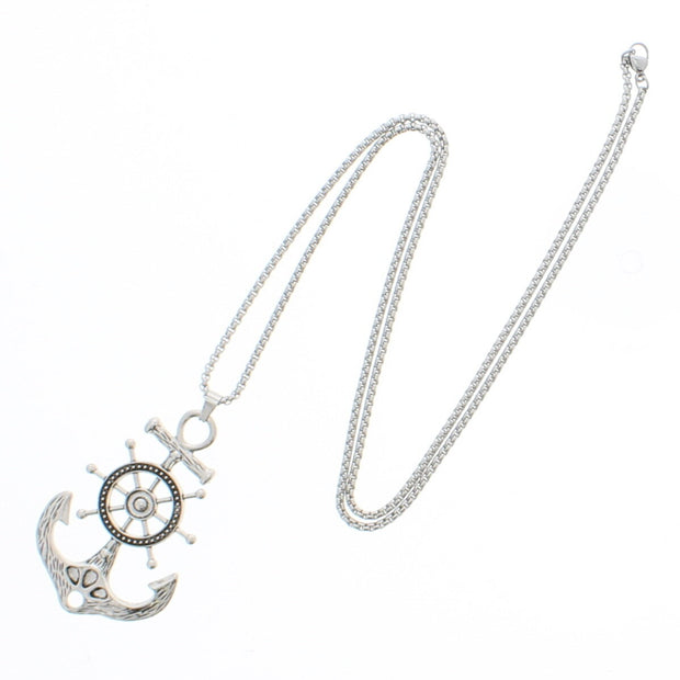 Silver Anchor & Wheel Pendant on Adjustable Chain Necklace