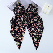 Large Floral Print Satin Double Hair Bow on Barrette with Tails