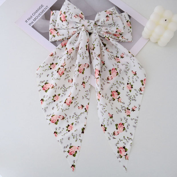 Large Floral Print Satin Double Hair Bow on Barrette with Tails