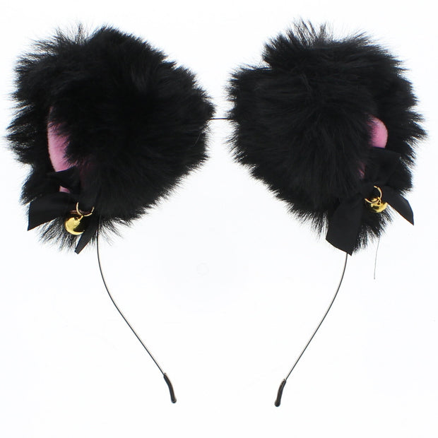 Black & Pink Fur Cat Ears Headband with Bells