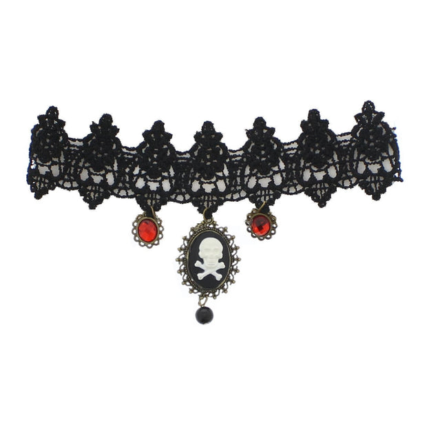 Lace Choker with Skull & Crossbones Cameo & Red Jewels