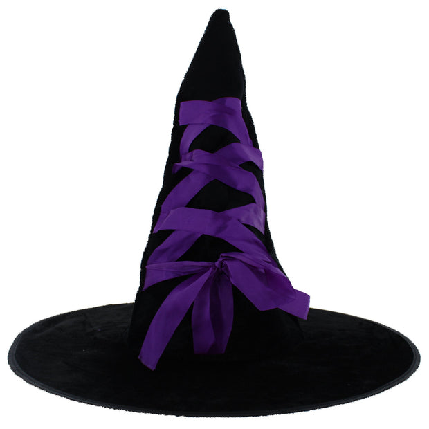 Black Velvet Witch Hat with Purple Ribbon